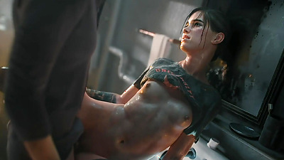 Lucky dude fucks Ellie in the bathroom and cums on her hard abs