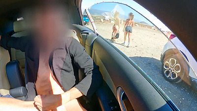 FACE REVEAL of the two girls: cock flash exhibitionism in car for two perfect body girls.