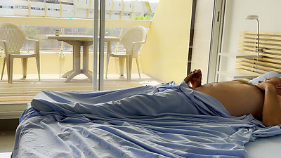 Naked wife was already watching nudists on street when husband woke in the morning