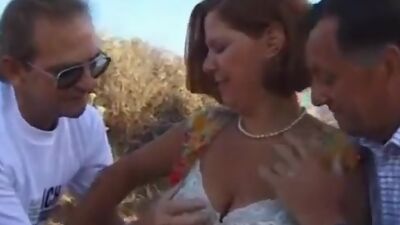 Big titted redhead mature amateur woman having a foursome with three men