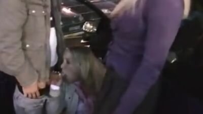 Hot german teen FFM threesome hardcore public sex action in the car parking