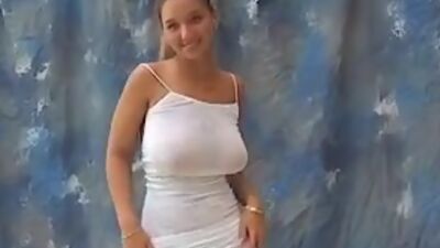 Hot busty teen model bouncing her braless huge titties