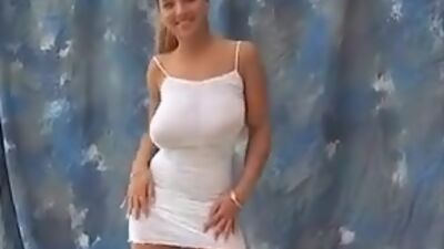 Hot busty teen model bouncing her braless huge titties