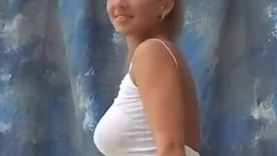 Hot busty teen model bouncing her braless huge titties