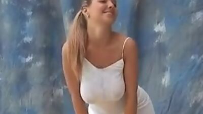 Hot busty teen model bouncing her braless huge titties