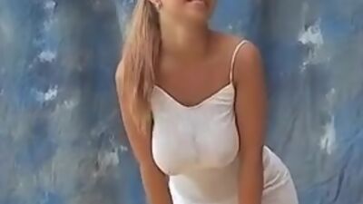 Hot busty teen model bouncing her braless huge titties