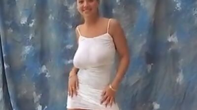 Hot busty teen model bouncing her braless huge titties