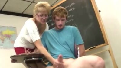 Grandma teacher jerking off cock