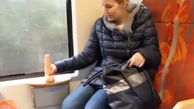 German blondie public dildo fucking on the train