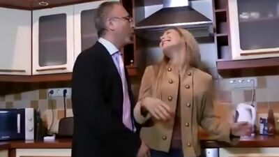 Hot blonde babe undresses while an old man watches