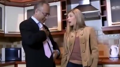 Hot blonde babe undresses while an old man watches