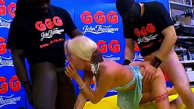 Shaved blonde lucie gets pussy and mouth fuck