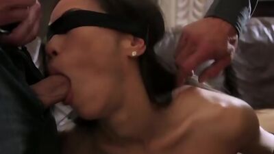 Blindfolded Asian milf is fucked rough by hubby and stranger