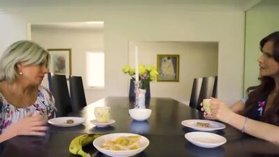 Syren de Mer under the table sucking her friends stepgrandsons cock