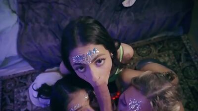 Petite asian babe and 2 teen bffs enjoy a cock and lick cunt