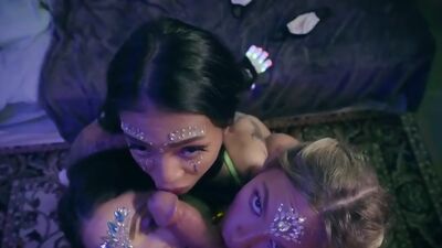 Petite asian babe and 2 teen bffs enjoy a cock and lick cunt