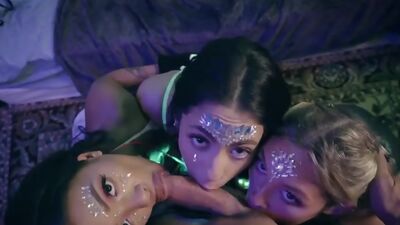 Petite asian babe and 2 teen bffs enjoy a cock and lick cunt