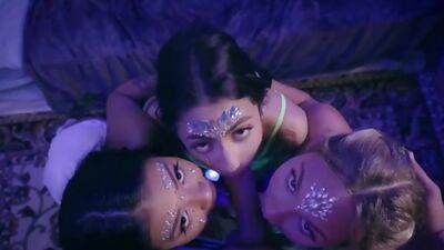 Petite asian babe and 2 teen bffs enjoy a cock and lick cunt