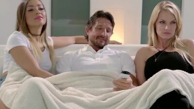 Teen Jaye Summers hops onto her MILF moms BFs big cock next to her