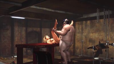 Super hardcore in a basement. Fat man fucks hard a sexy blonde slave