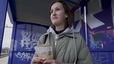 Roundass euro brunette gets paid giving blowjob and for sex