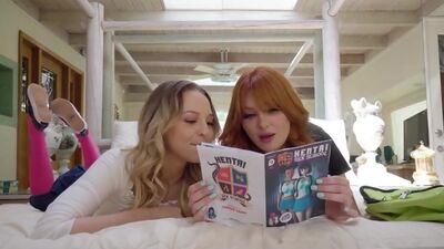 Two nerdy bffs read a hentai comic and end up licking pussy