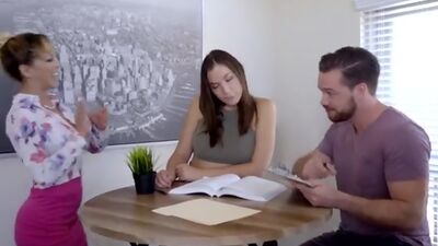 Cherie Deville seduces her student Blair Williams and Blairs stepbrother for a hardcore threesome that gets her cumming