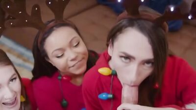 Three busty besties sharing Santa's dick