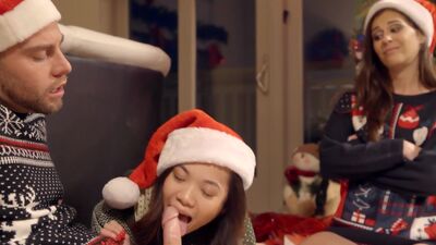 Dirty guy surprised Asian with huge present but his stepsis also wanted it part 2
