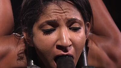 Busty bondage slut suspended and toyed by her male dom