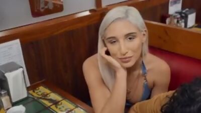 Pulled babe sucking before bathroom sex with lucky waiter