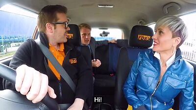 Bigtit inked babe rides in the car duo after enjoying oral