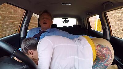 Bigtit inked babe rides in the car duo after enjoying oral