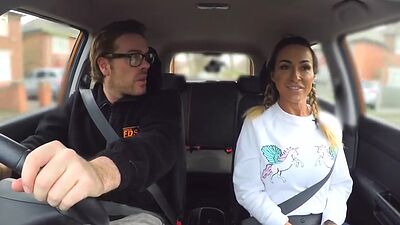 Bigtitted driving babe sucks off  and rides her tutor
