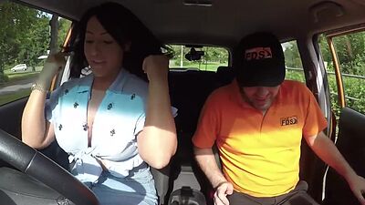 Busty British babe sucks off and rides her tutor in the car