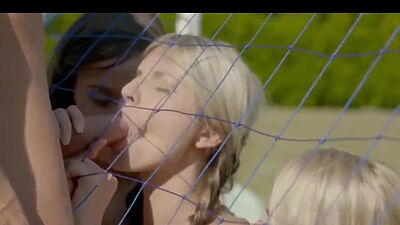 3 teens suck one cock on the tennis field