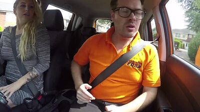 Chubby UK blonde cockriding instructor in the car after bj