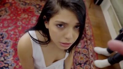 Puffy lip teen Gina Valentina gets a punishment spanking from her stepdad that becomes a blowjob and pussy pounding