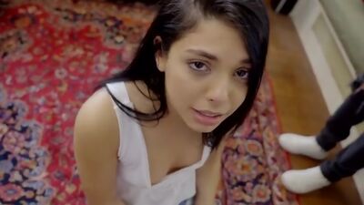 Puffy lip teen Gina Valentina gets a punishment spanking from her stepdad that becomes a blowjob and pussy pounding