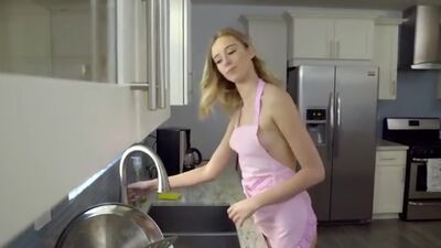 Super skinny Haley Reed cleans the kitchen in an apron uniform and coaxes her stepdad to fuck her tight twat and ass