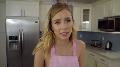Super skinny Haley Reed cleans the kitchen in an apron uniform and coaxes her stepdad to fuck her tight twat and ass