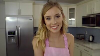 Super skinny Haley Reed cleans the kitchen in an apron uniform and coaxes her stepdad to fuck her tight twat and ass