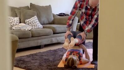 Redhead babe Pepper Hart seduces her stepdad with tight yoga pants until she gets the pussy and anal pounding she needs