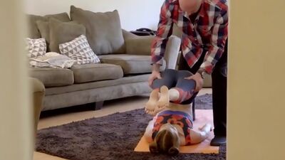 Redhead babe Pepper Hart seduces her stepdad with tight yoga pants until she gets the pussy and anal pounding she needs