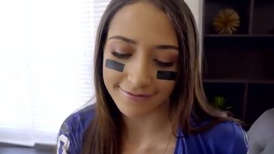 Football loving hottie Avi Love chases off her stepbros girlfriend and gives him a handy and a hardcore ride