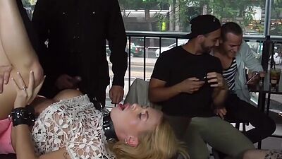 Public submissive sucking and dickriding while voyeurs watch
