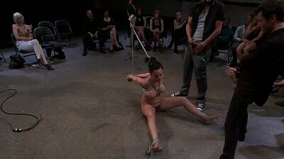 Slave on wooden box public groped
