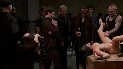 Slave on wooden box public groped