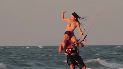 Big boobed naked blondie Dani Mathers and her badass GFs like kite boarding