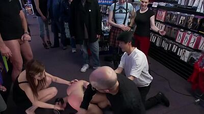 Bound slut group fucked in public.